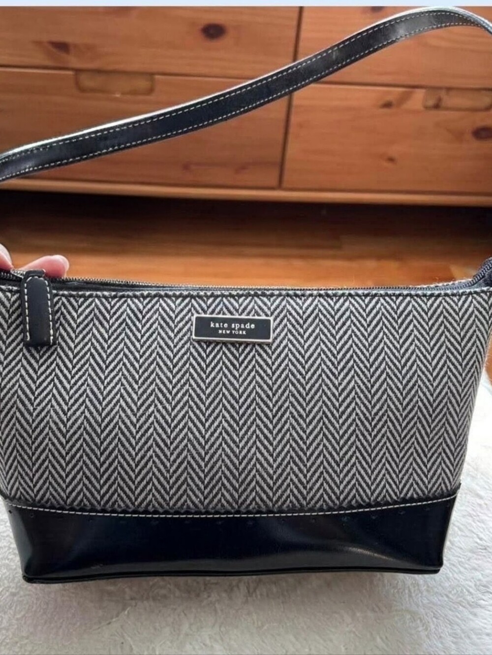 kate spade B&W Herringbone Shoulder Bag with Black Trim